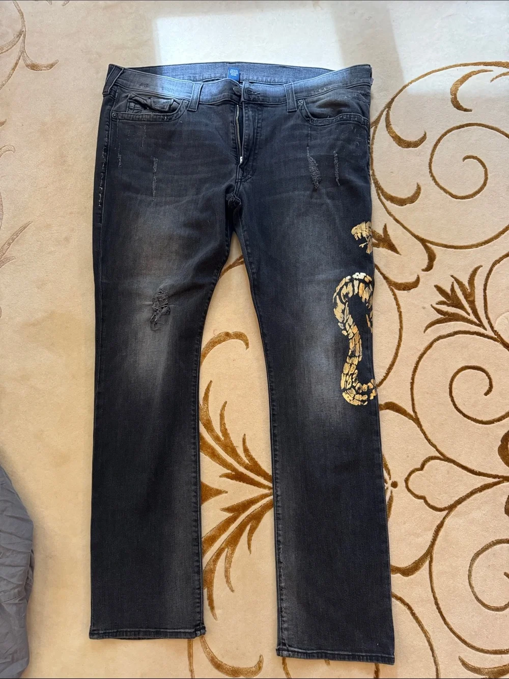 True Religion Black Slim Jeans with Gold Snake Motif